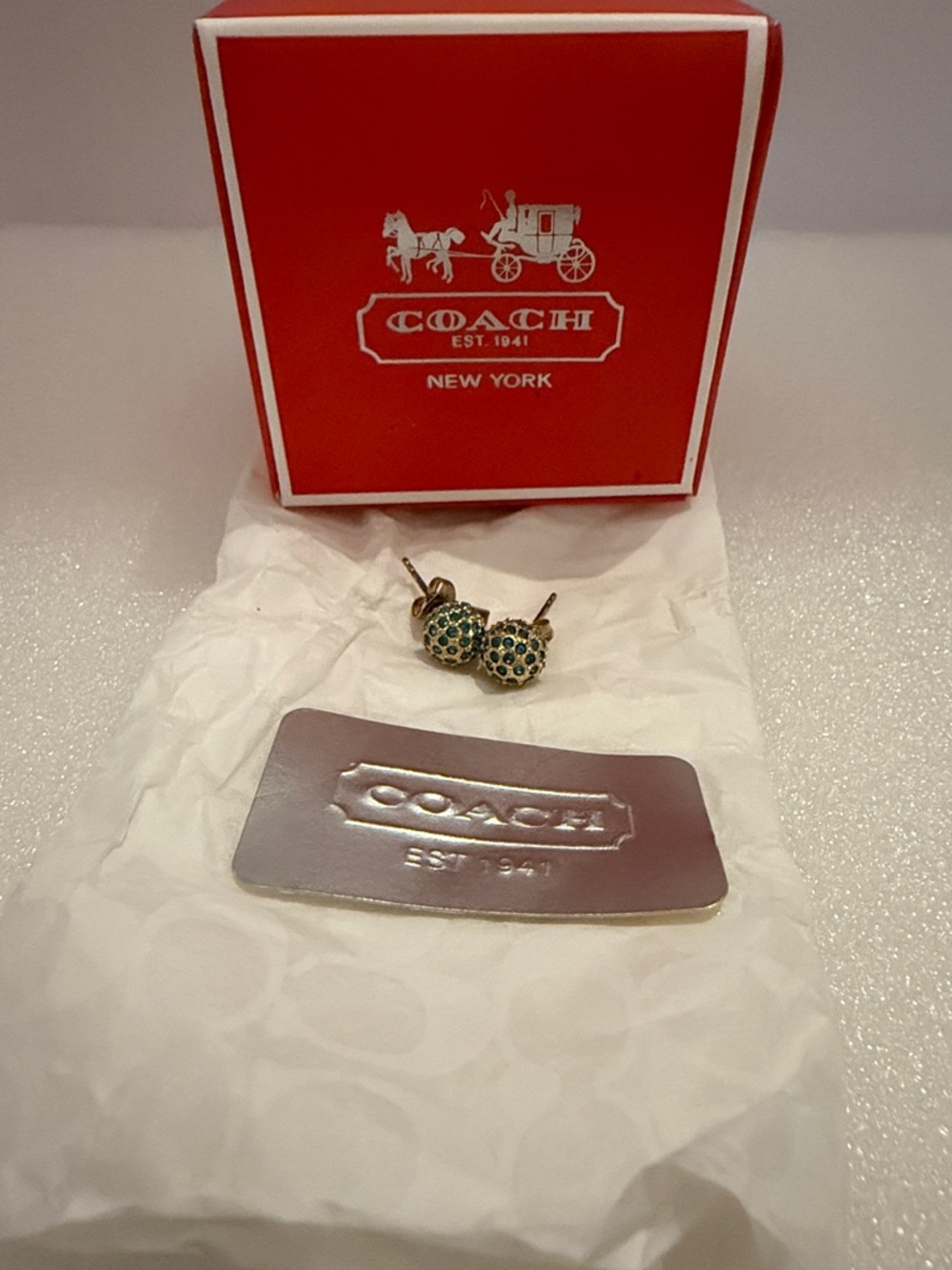 Coach Green Crystal Pavé Round Stud Earrings